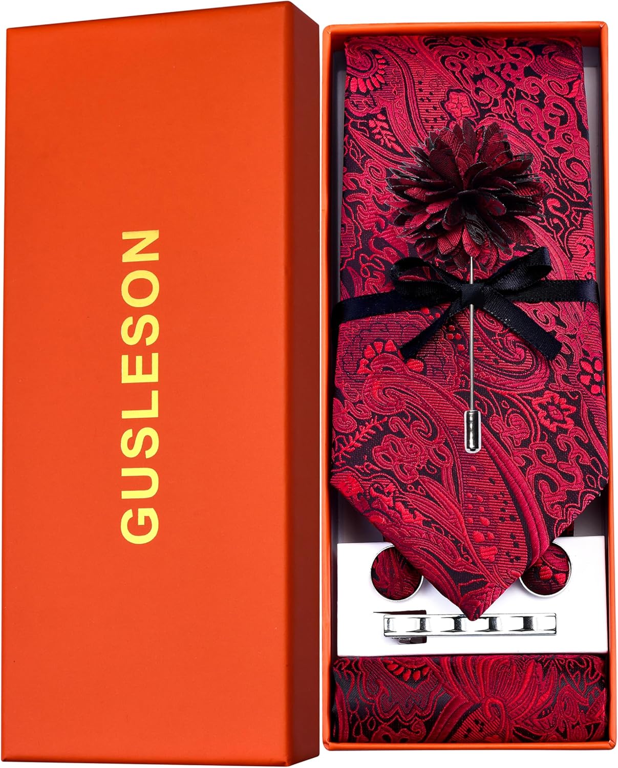 GUSLESON Tie Set for Men Necktie and Pocket Square,Tie Clip,Cufflinks, Lapel Pin Sets with Gift Box 5PCS