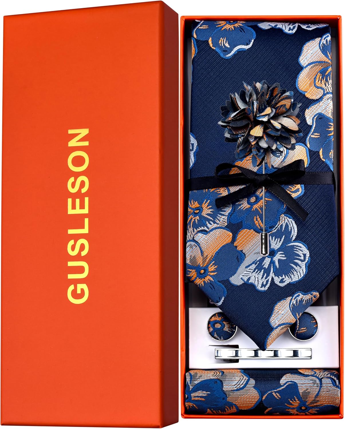 GUSLESON Tie Set for Men Necktie and Pocket Square,Tie Clip,Cufflinks, Lapel Pin Sets with Gift Box 5PCS