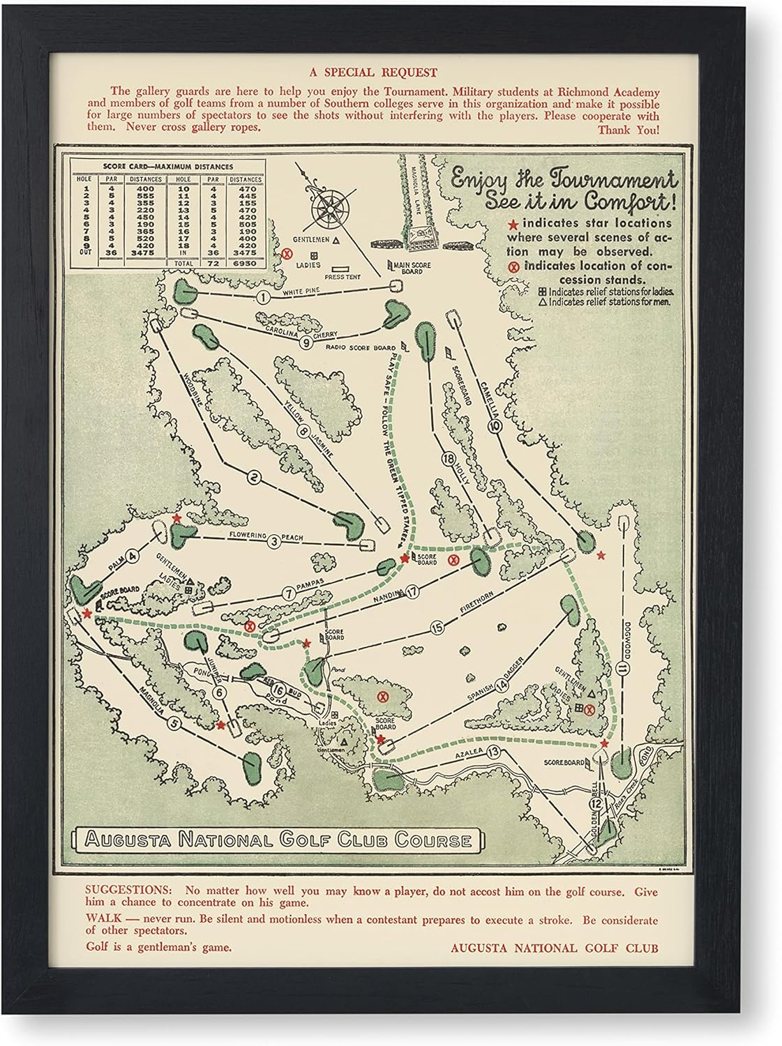 Historic Map - Augusta National Golf Club Course, 1954, Augusta National Golf Club - Vintage Wall Art (18x24 Framed)