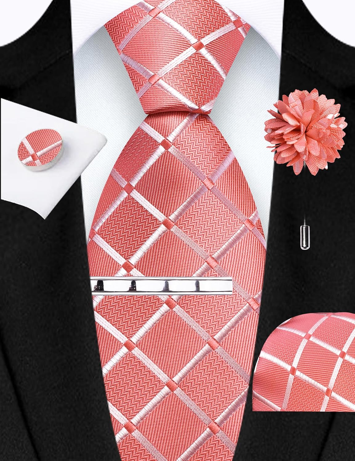 GUSLESON Tie Set for Men Necktie and Pocket Square,Tie Clip,Cufflinks, Lapel Pin Sets with Gift Box 5PCS