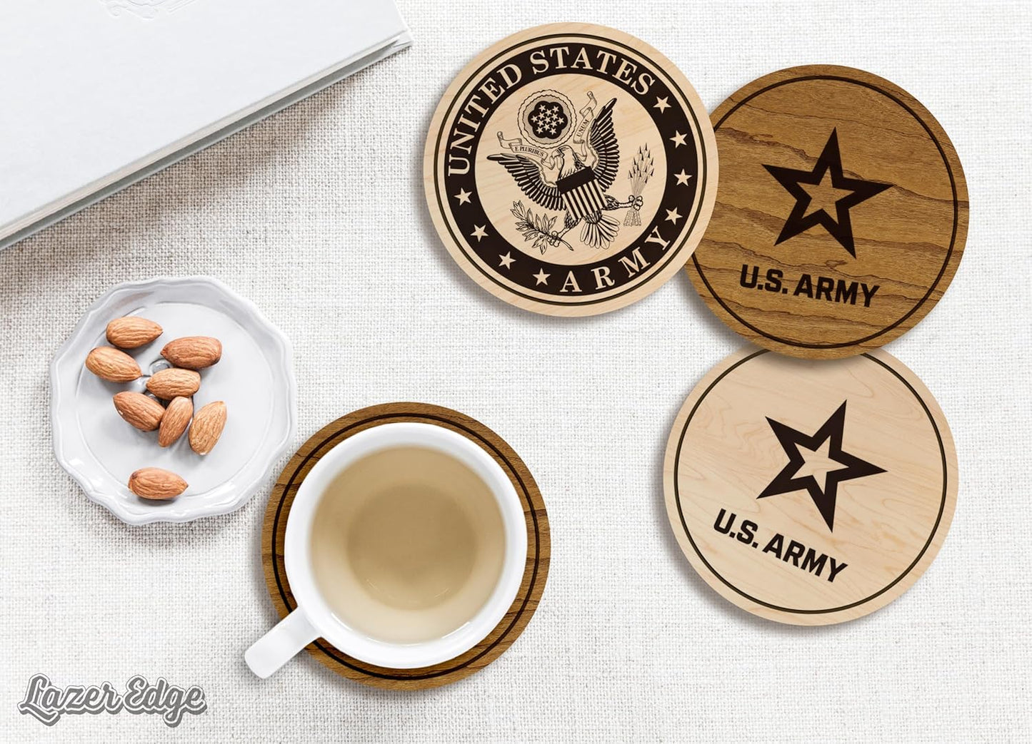 LazerEdge U.S. Army Wooden Coaster Set – Cherry Wood – Handcrafted Collectible 4-Pack | Made in USA | Officially Licensed Product