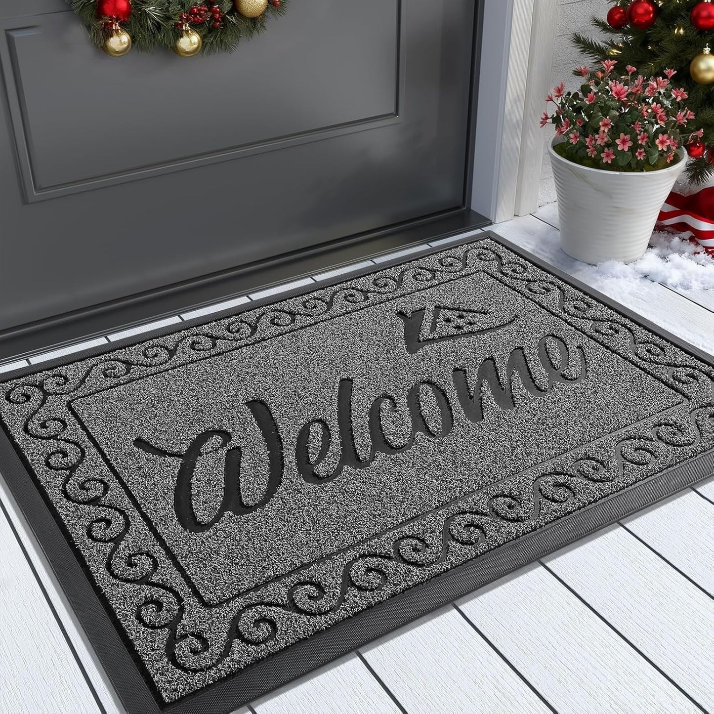 Yimobra Welcome Mat Outdoor Indoor, Waterproof Heavy Duty Front Door Mat Outside Entrance, Extra Sturdy Non-Slip Doormat, Low Profile, Dirt Trapping, 36x24 Inches, Black Gray