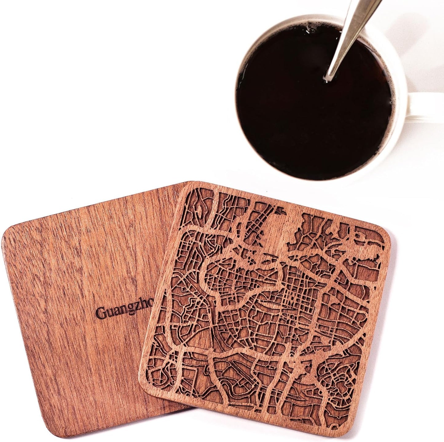 Guangzhou Map Coaster by O3 Design Studio, Set Of 4, Sapele Wooden Coaster With City Map, Handmade