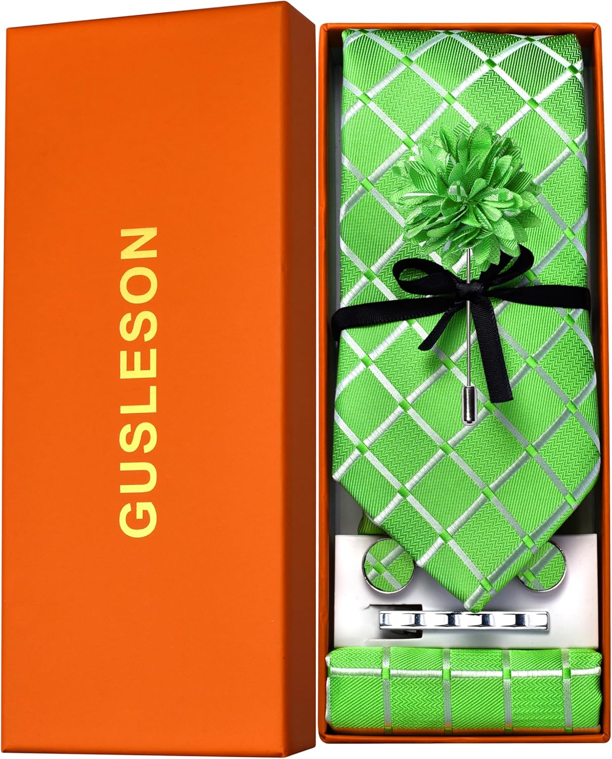 GUSLESON Tie Set for Men Necktie and Pocket Square,Tie Clip,Cufflinks, Lapel Pin Sets with Gift Box 5PCS