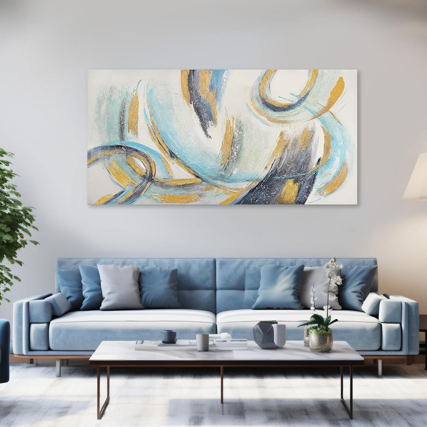 Glvzygy Abstract Wall Blue and Gold Wall Art Abstract Canvas Wall Decor Frame Artwork Modern Home Wall Decor for Living Room Bedroom Office 29"x58"