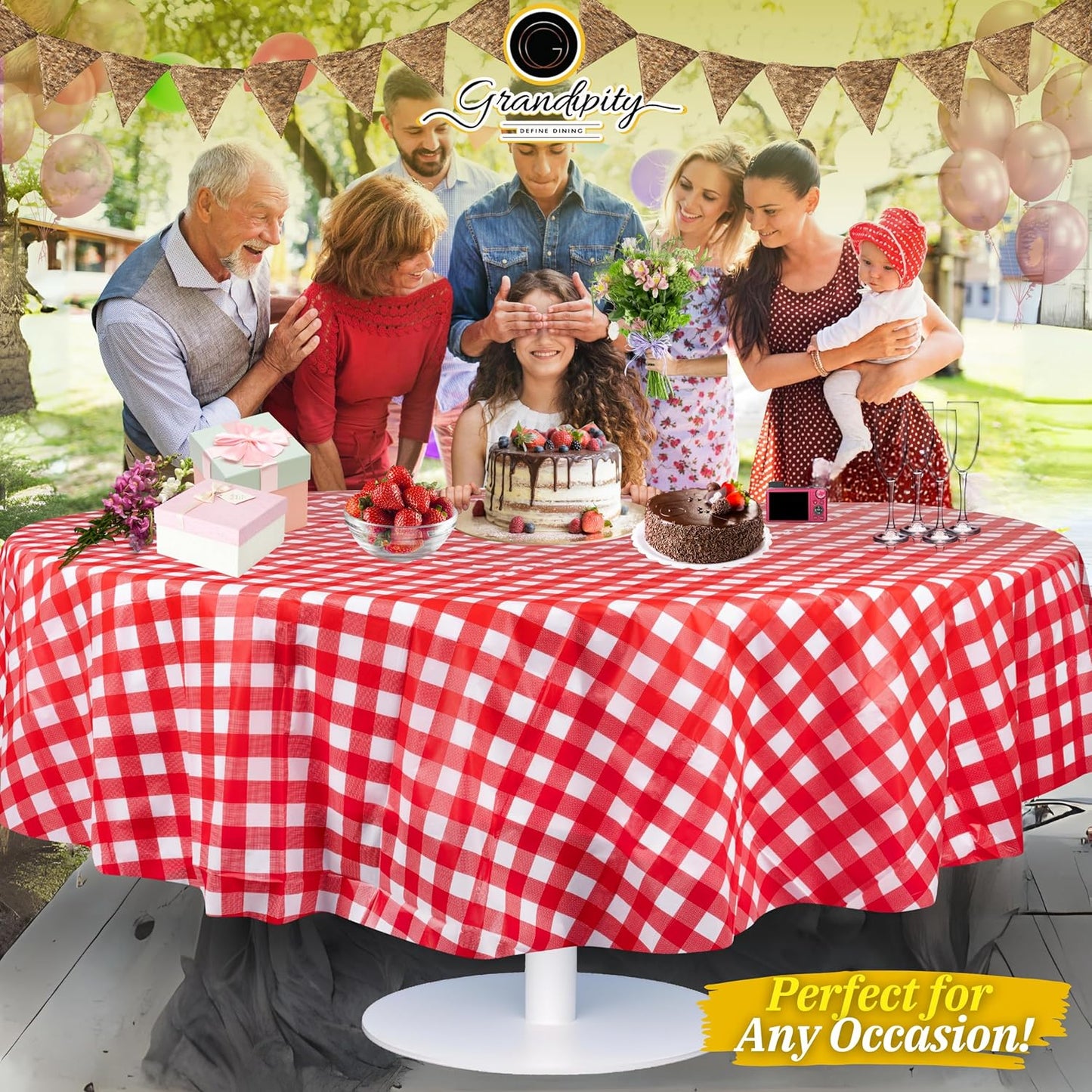 Grandipity 12 Pack Premium Disposable Plastic Picnic Tablecloth 84" Inch Decorative Round Table Cover - Red Checkered Gingham