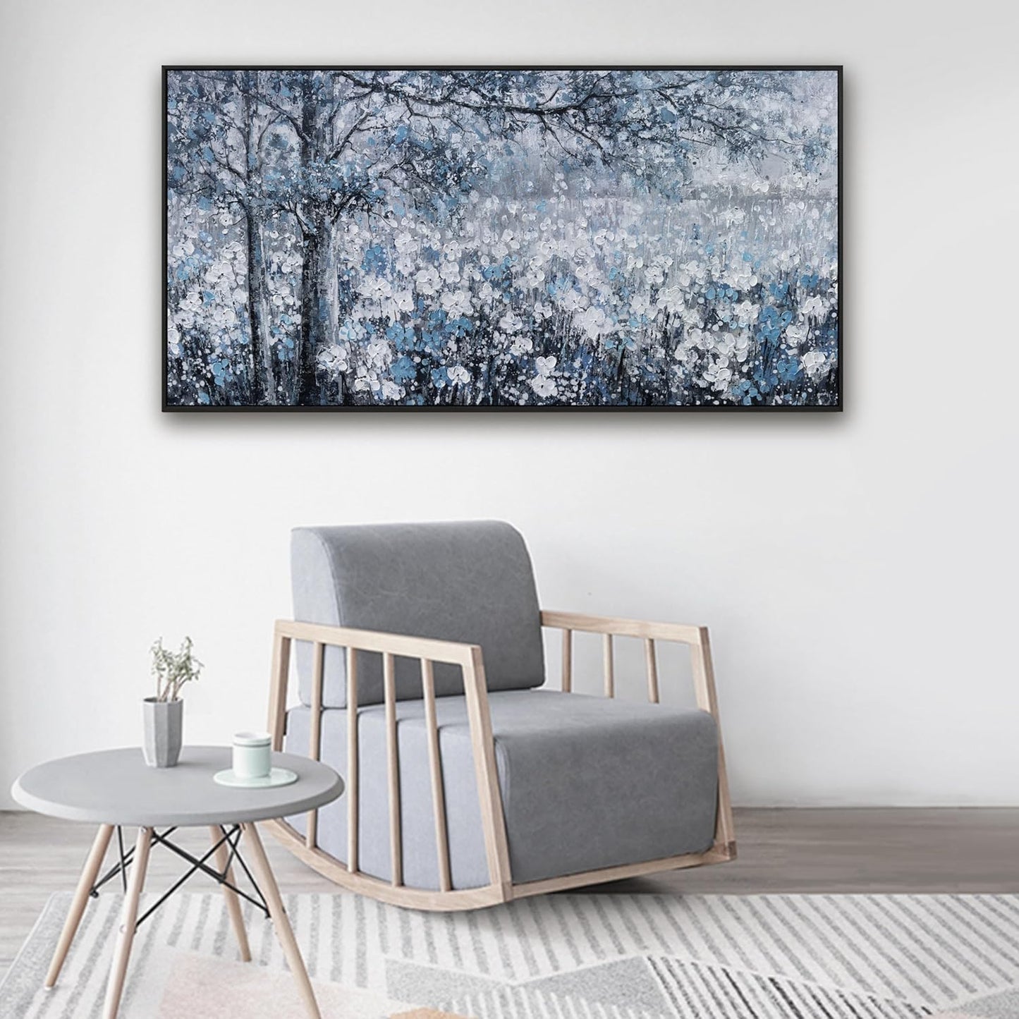 Canvas Wall Art Print Paintings Blue And White Abstract Tree Flower Landscape Home Prints Decor Framed Ready To Hang For Living Room Bedroom And Office Home Kitchen Artwork 20"×40"