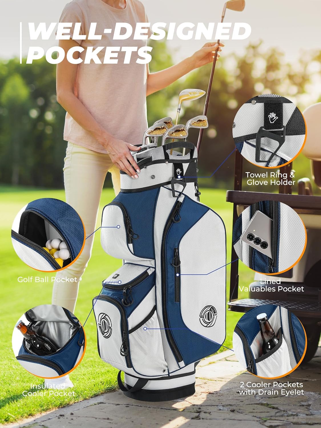 Golf Cart Bag, 15 Way Top Lightweight Golf Bag, Golf Club Cart Bags for Men Women with Full-Length Dividers, Dedicated Putter Well, Rain Cover Black and Red