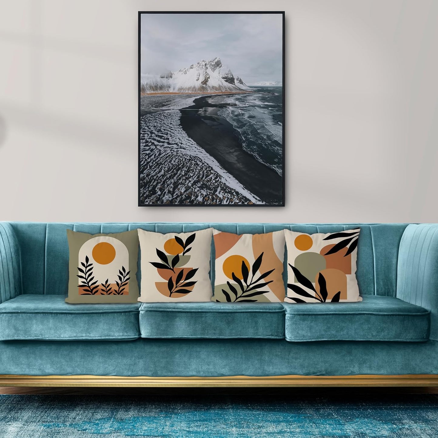 KEUSPI Boho Pillow Covers, Boho Mid Century Sun Botanical Leaf Mountain Nature Throw Pillow Covers,Throw Pillow Covers 18×18 Set of 4,Bohemian Home Decor,Bohemian Gifts for Women Girls