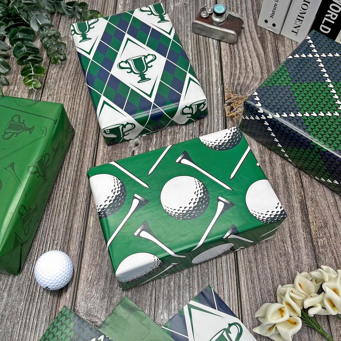 Dtiafu Golf Wrapping Paper for Men Boys Girls - 8 Sheets Green Elegant Gift Wrap with 4 Golf Champions Plaid Patterns for Birthday - Pre Cut& Folded Flat Design(20 X 27 Inch Per Sheet)