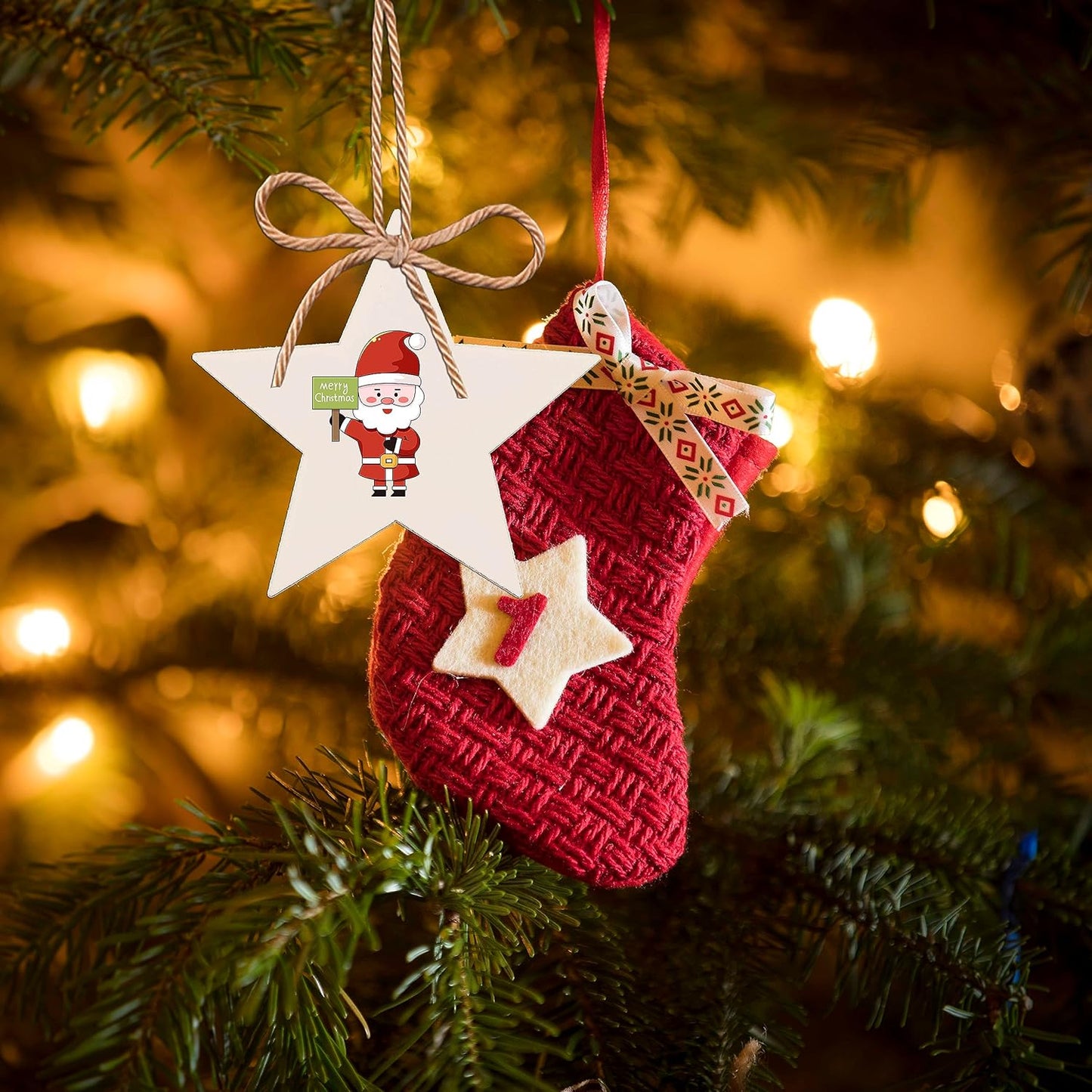 50PCS Unfinished Wood kit with Holes, Wood Slice for DIY Crafts, Blank Star Wood Cutouts Wooden Tags Ornaments for Sign Gift Tags, Christmas Decorations Indoor Outdoor Decor (Star Shape)