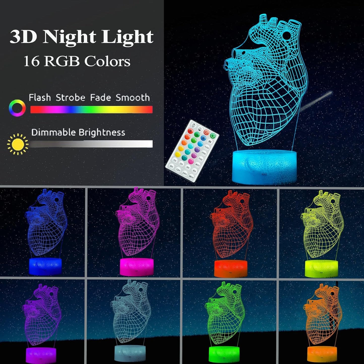 Heart Anatomy Illusion Lamp, Cardiology Gifts, 3D Night Light, 16 Colors Changing, Timer, 4 Flash Modes and Dimmable, Kids Room Decoration, Xmas Heart Model Gifts