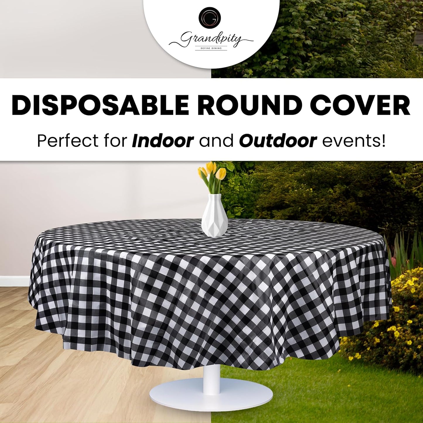 Grandipity 12 Pack Premium Disposable Plastic Tablecloth 84" Inch Decorative Round Checkered Table Cover - Black Checkered Gingham