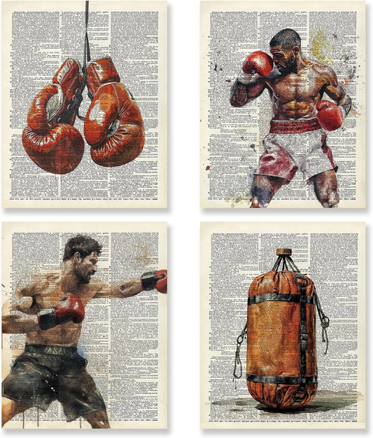 KSDUT Retro Boxing Wall Art Decor Set of 4 - Vintage Artwork Poster Prints Boxing Club Wall Decor Boxing Glove Gifts Wall Art for Office Games Sports Room Decorations - 8"x10" Unframed