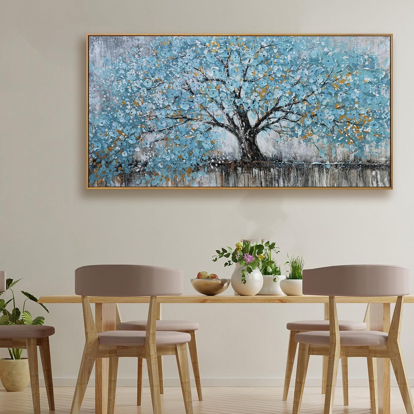 Wall Art Teal Blue Nature Abstract Tree Of Life Framed Modern Artwork Canvas Painting Textured Tree Pictures Wall Decor For Living Room Bedroom Dining Room Home Office Decor 24"X48" With Framed