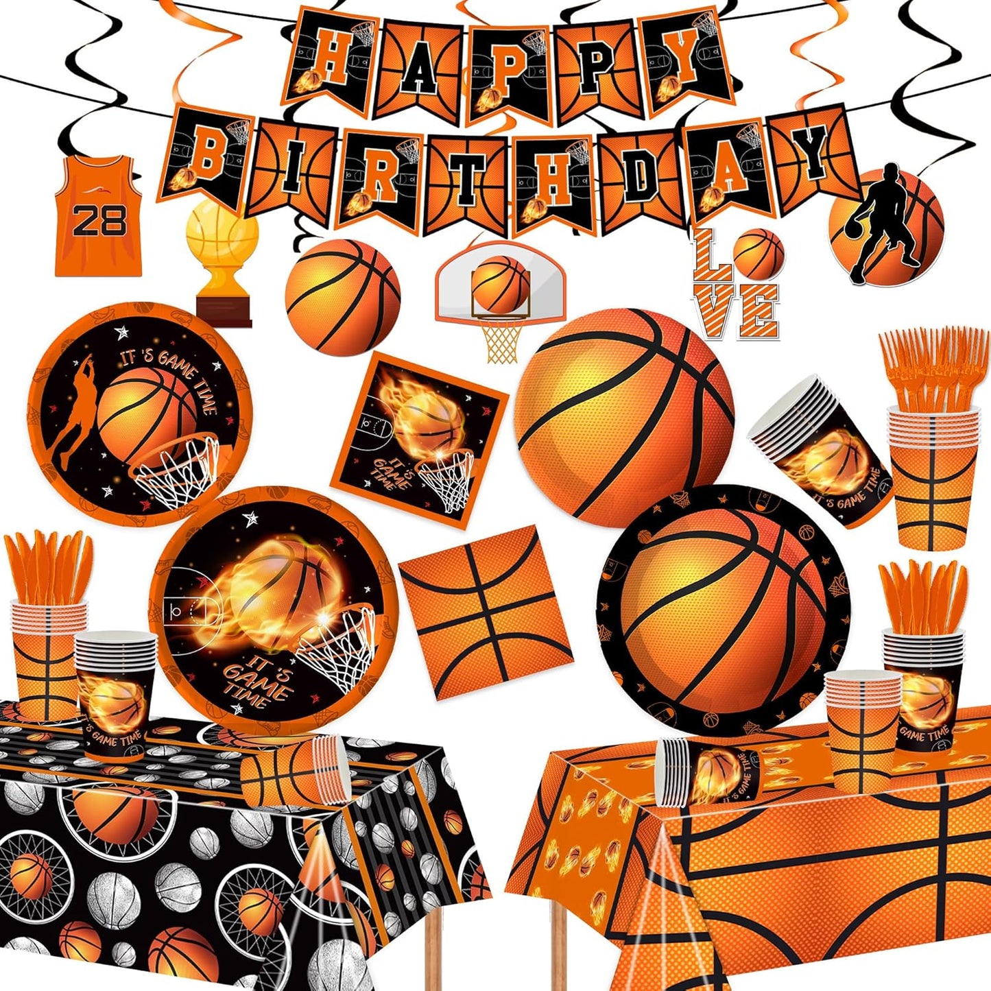 129pcs Basketball Birthday Party Supplies Basketball Party Decorations Plates Napkins Tablecloth Banner Hanging Swirls for Basketball Sports Theme Birthday Party Decorations Serves 20
