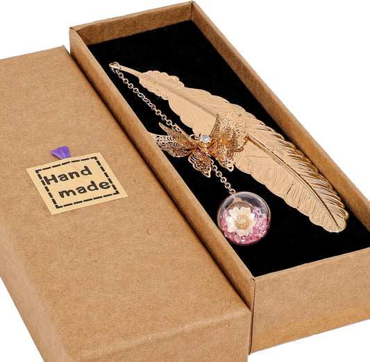 Metal Feather Bookmark with Butterfly Charm – Christmas Gifts for Women, Teachers & Book Lovers – Stocking Stuffers, Secret Santa, Birthday & Holiday Gift Box