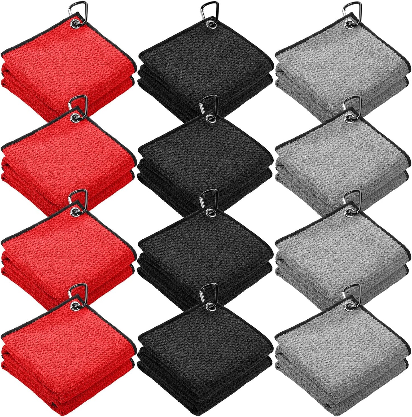 Batiyeer 12 Pcs Golf Towel Bulk for Golf Bags 16'' x 16'' Microfiber Fabric Towel with Clip Waffle Pattern, Fitness, Camping, Hiking, Yoga