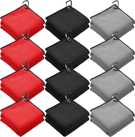 Batiyeer 12 Pcs Golf Towel Bulk for Golf Bags 16'' x 16'' Microfiber Fabric Towel with Clip Waffle Pattern, Fitness, Camping, Hiking, Yoga
