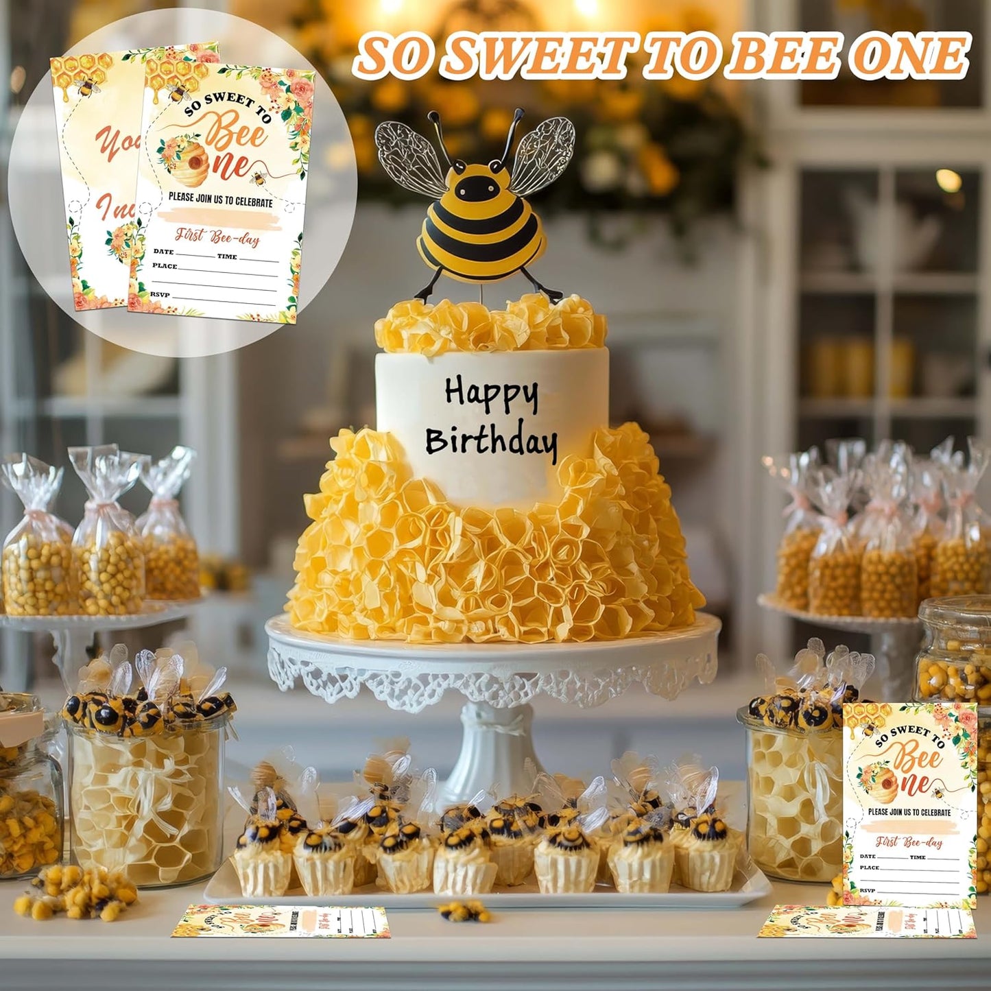Honeycomb 1st Birthday Invitations, 20 Invitation Cards with Envelopes, Sweet Bee Invites for Party Decorations Favor Supplies - A04