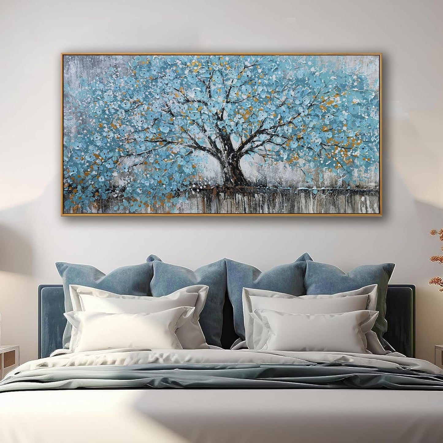 Wall Art Teal Blue Nature Tree Of Life Abstract Canvas Painting Textured Picture Modern Wall Art Landscape Artwork Framed For Living Room Bedroom Bathroom Office Home Decor 20"X40"Painting