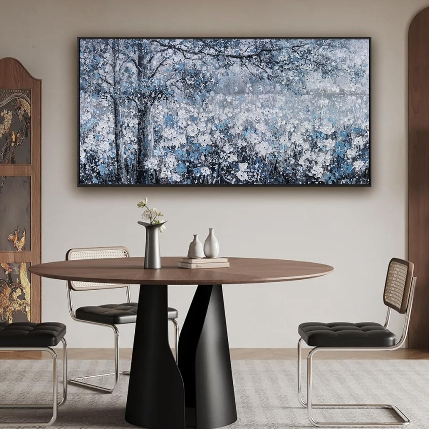 Wall Art Framed Artwork Blue And Gray White Tree Flower Landscape Decor Modern Canvas Wall Prints Abstract Wall Decor Suitable For Bedroom Apartment Office Wall Decor Can Be Hung 24"X48"