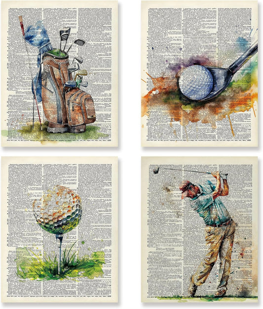 KSDUT Retro Golf Wall Decor Art Set of 4 - Vintage Artwork Poster Prints Gym Club Wall Decor Golf Gifts Wall Art for Office Games Sports Room Decorations - 8"x10" Unframed