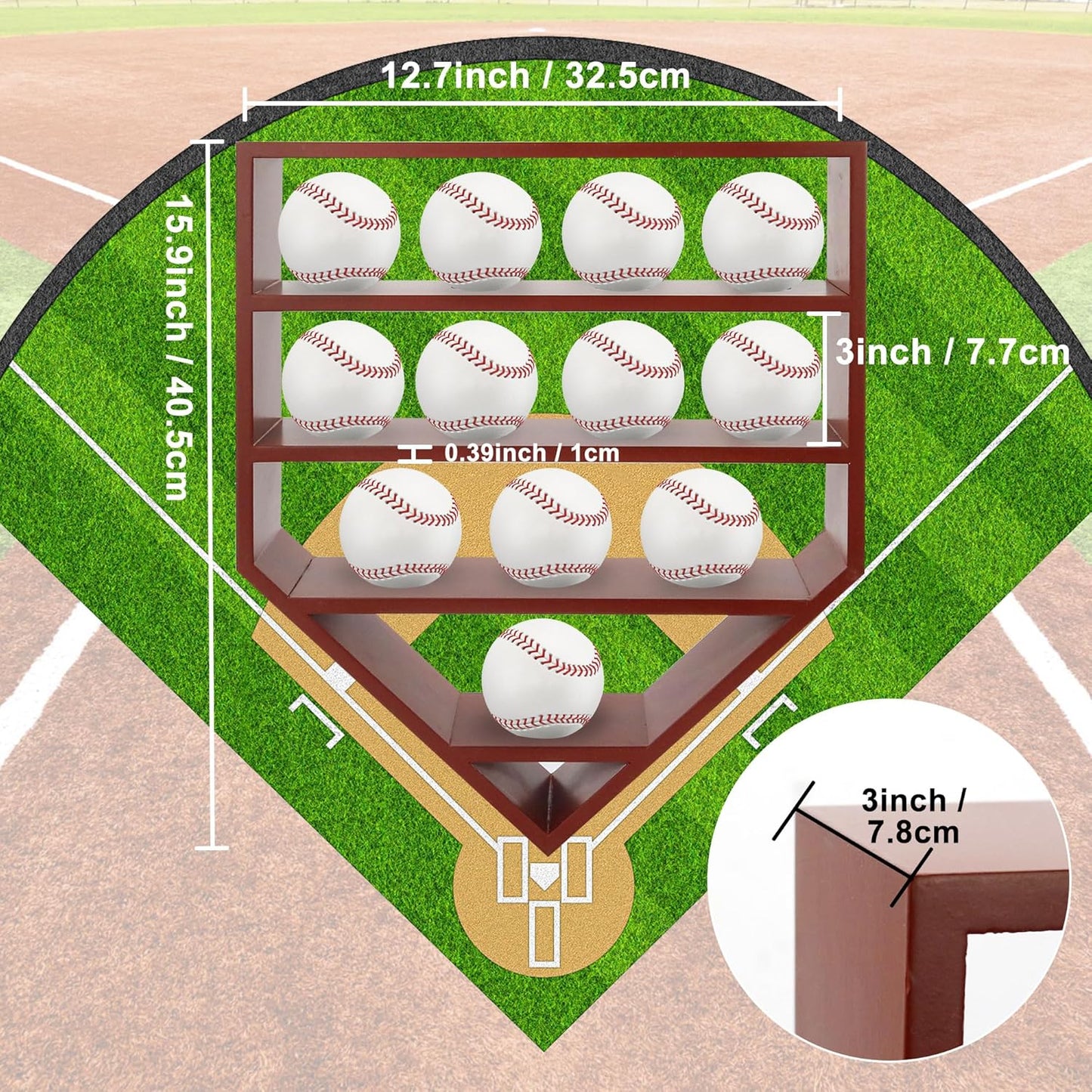 Baseball Display Case,Baseball Holders for Balls,12.8x16 inches Large Cherry Shadow Box for 12 Baseballs Wall Mount,Without Door,for Home Run and Collector Autograph Balls