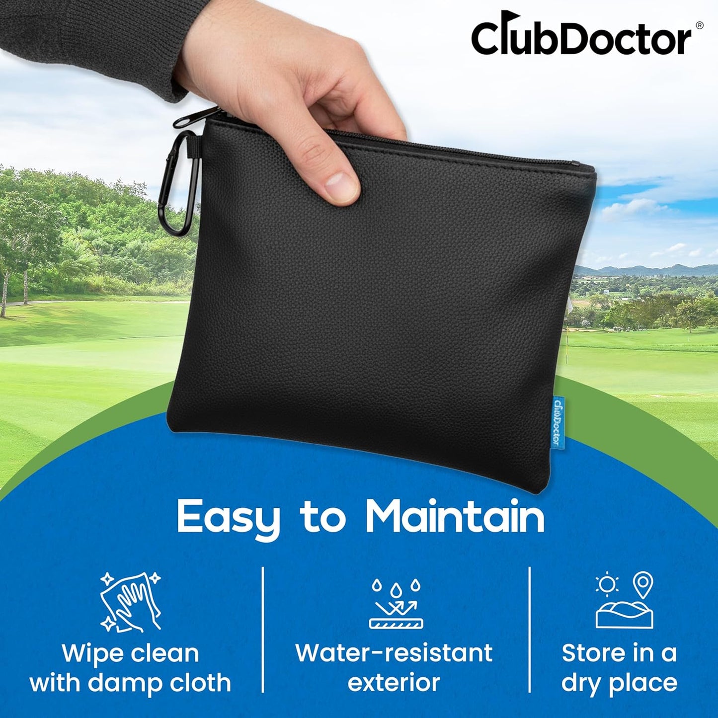 Club Doctor - Golf Valuables Pouch – Premium Zippered Golf Accessories Bag with Metal Carabiner, Compact & Durable Organizer for Tees, Balls, Divot Tools, and Valuables