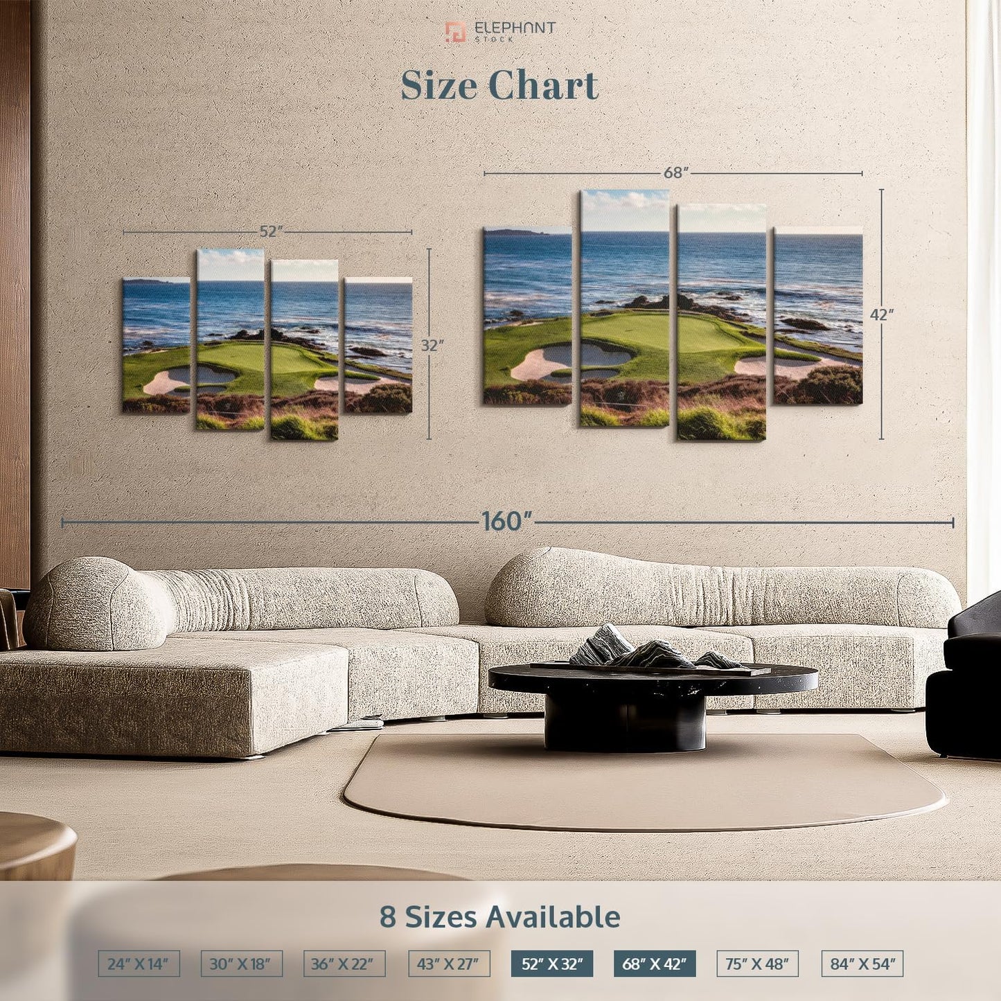 Elephant Stock California Coastline Golf Course Wall Art - Horizontal Canvas - 4-Piece Living Room Wall Decor - Photography Sports Canvas Print - Brown and Beige Decor for Wall - 68" X 42"