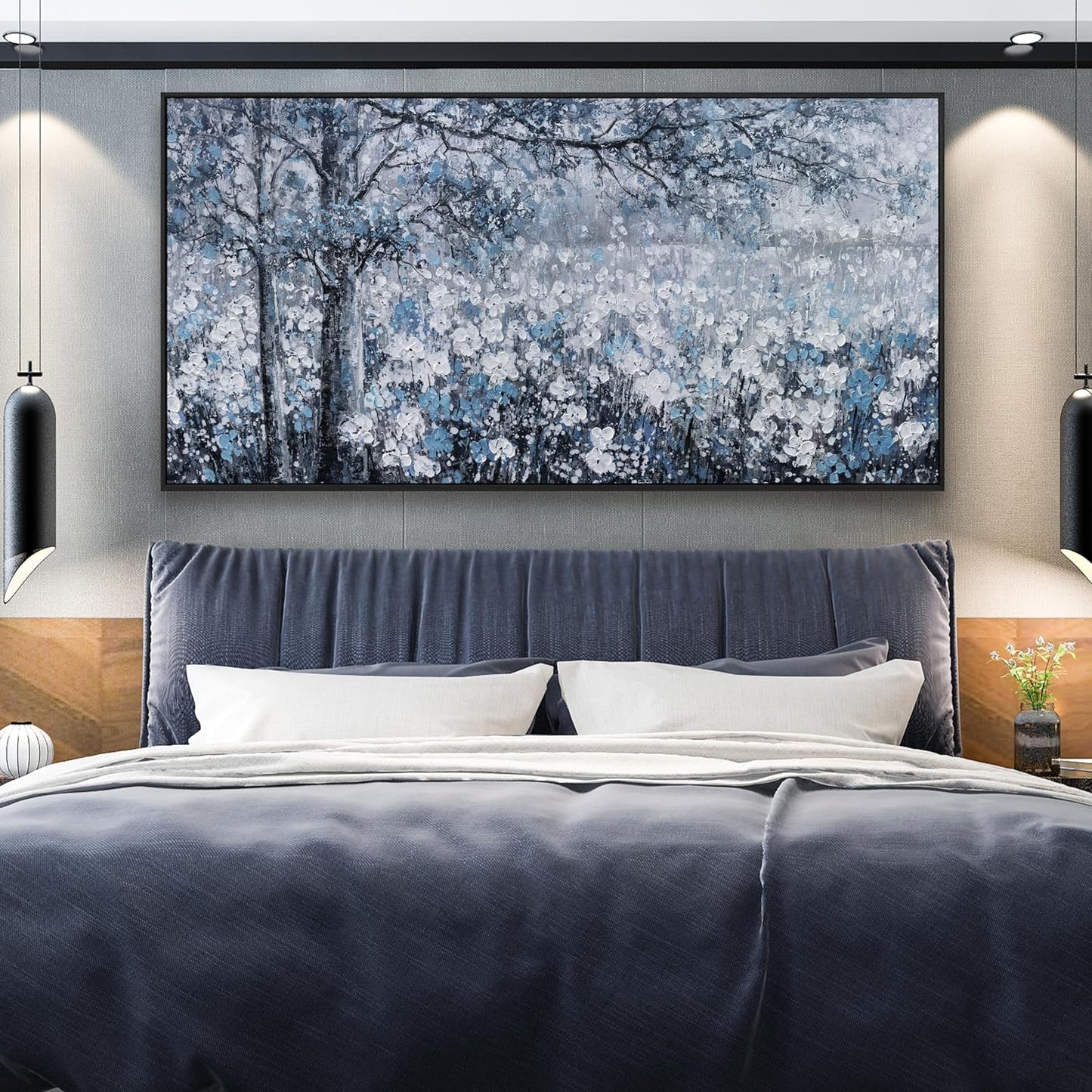 Wall Art Framed Artwork Blue And Gray White Tree Flower Landscape Decor Modern Canvas Wall Prints Abstract Wall Decor Suitable For Bedroom Apartment Office Wall Decor Can Be Hung 24"X48"