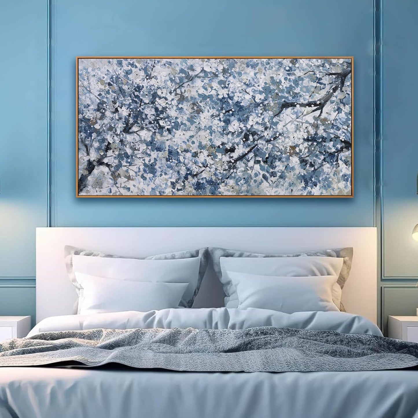 Canvas Wall Art Oil Painting Dark Blue And White Abstract Flower Tree Plants Wall Decor Pictures For Bedroom Canvas Botanical Wall Art Decorations Artwork For Living Room Home Office 20"×40"Framed