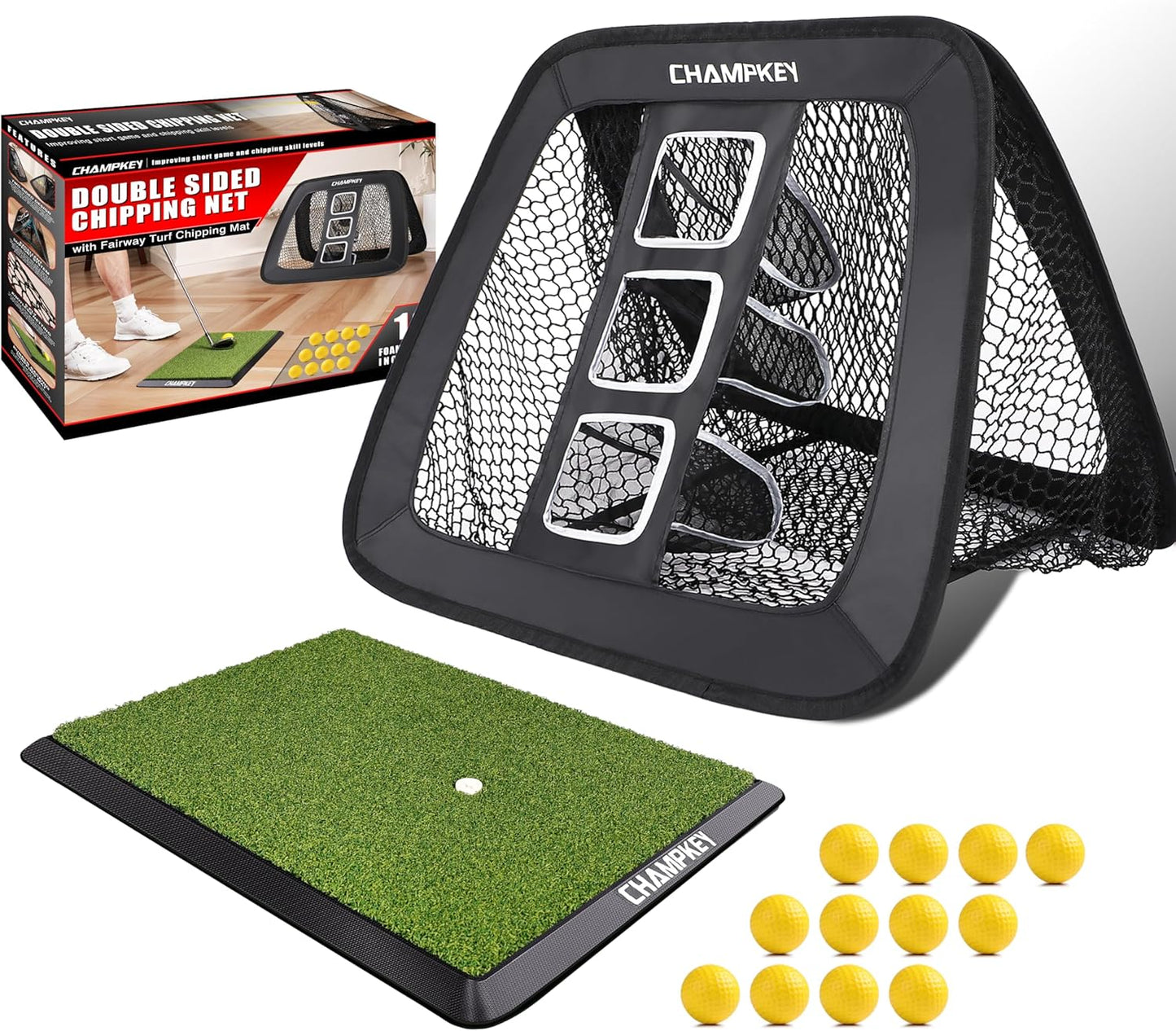 CHAMPKEY Double -Sided Golf Chipping Net with Mat and 12 Foam Balls - Professional Golf Practice Net Ideal for Indoor and Outdoor Training