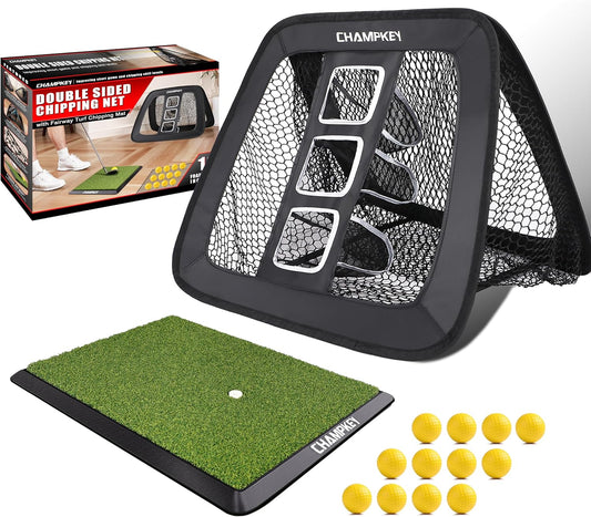 CHAMPKEY Double -Sided Golf Chipping Net with Mat and 12 Foam Balls - Professional Golf Practice Net Ideal for Indoor and Outdoor Training