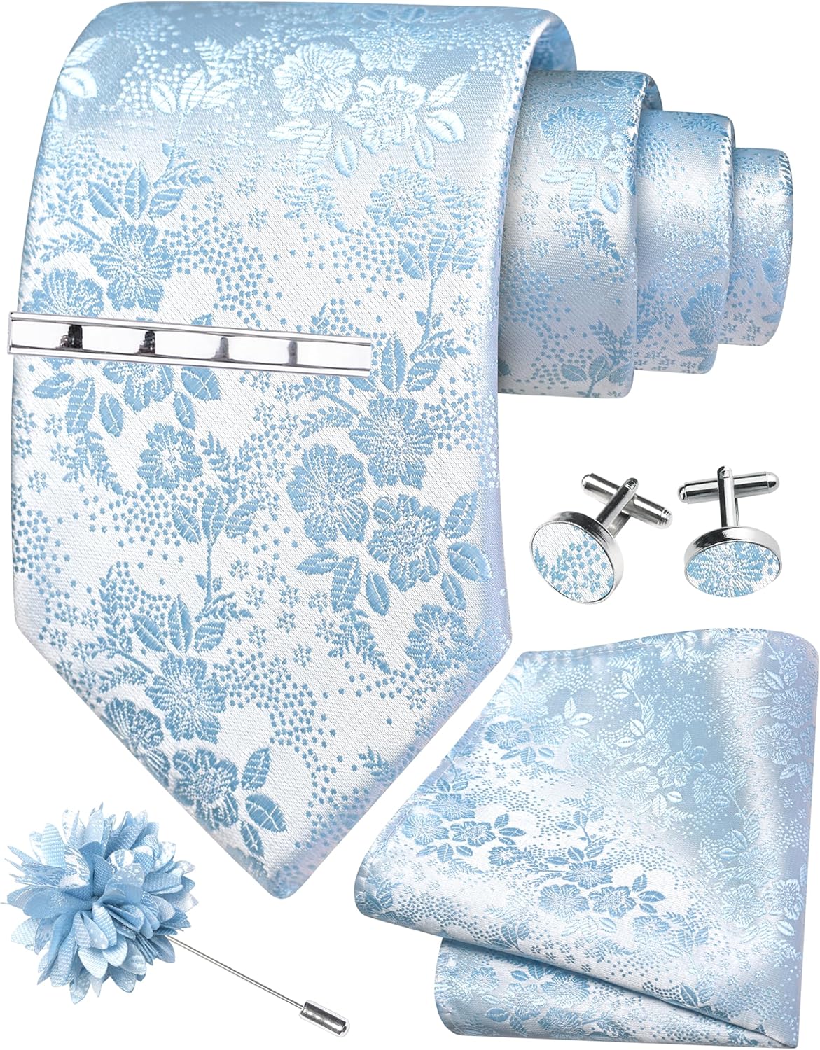 GUSLESON Tie Set for Men Necktie and Pocket Square,Tie Clip,Cufflinks, Lapel Pin Sets with Gift Box 5PCS