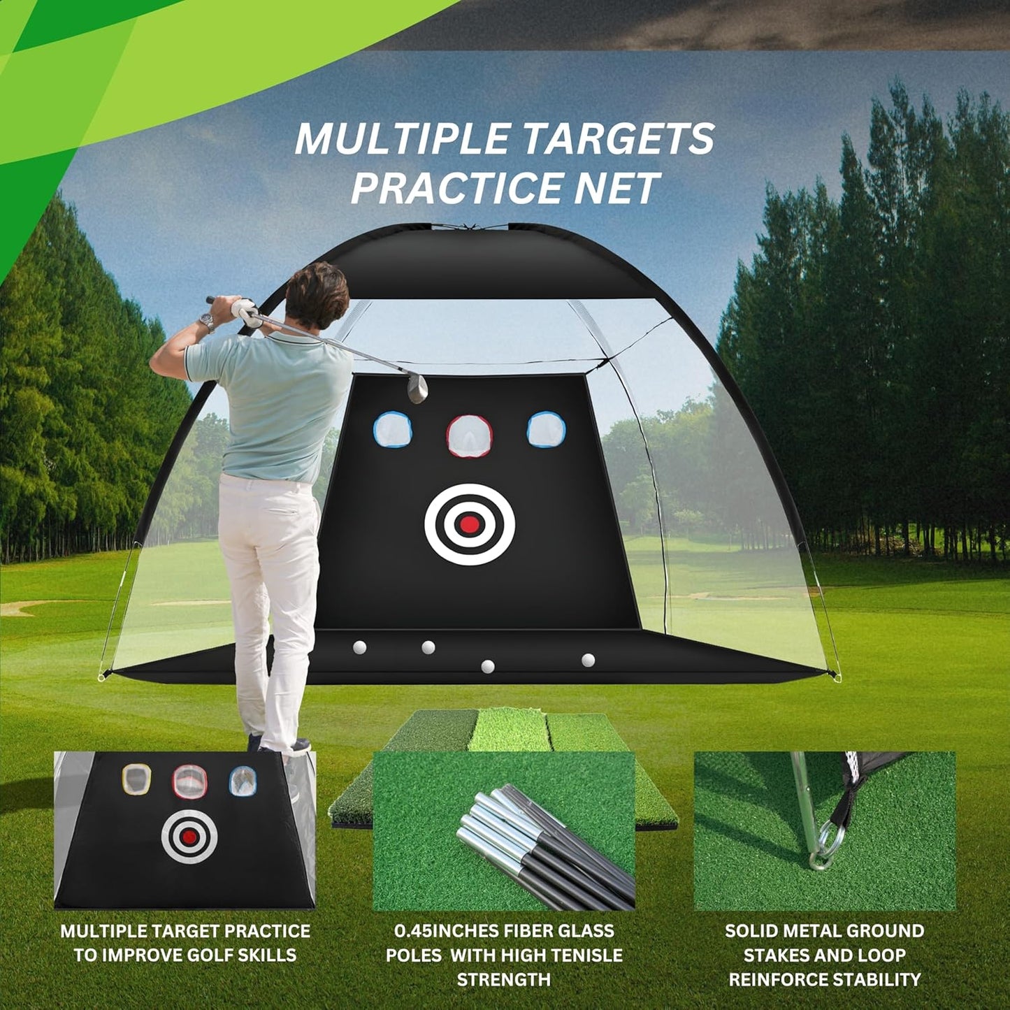 Golf Hitting Net 10x7FT with Tri Turf Mat, Golf Nets for Backyard Driving Real Golf Balls with 10 Balls, 4 Ground Stakes, 6 Windproof Sandbags, Rubber Tee, Tray and Carry Bag Indoor/Outdoor Use