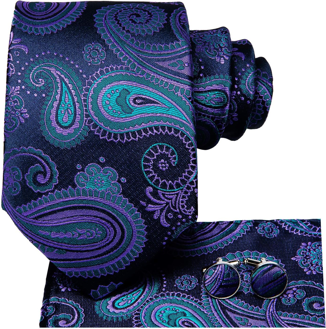 Hi-Tie Men 63inches Tie Set Extra Long Necktie Paisley Tie Pocket Suqare Cufflinks Big and Tall Men Tie
