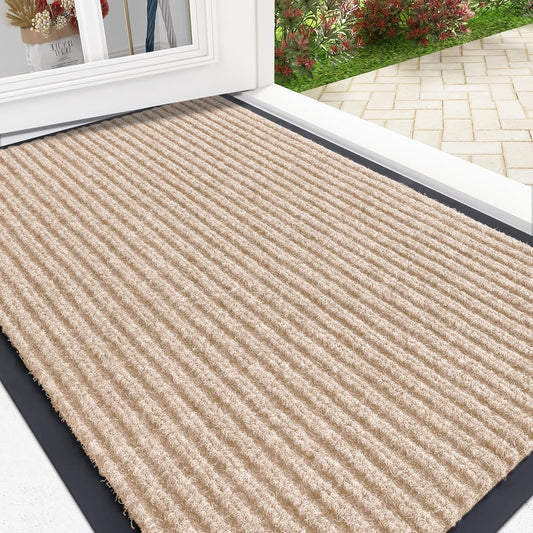 OLANLY Front Door Mat Indoor Outdoor Entrance, Waterproof Heavy Duty Doormat, Fade Resistant, Low Profile, Easy Clean Patio Porch Welcome Floor Mats for Entry, 33x21, Beige