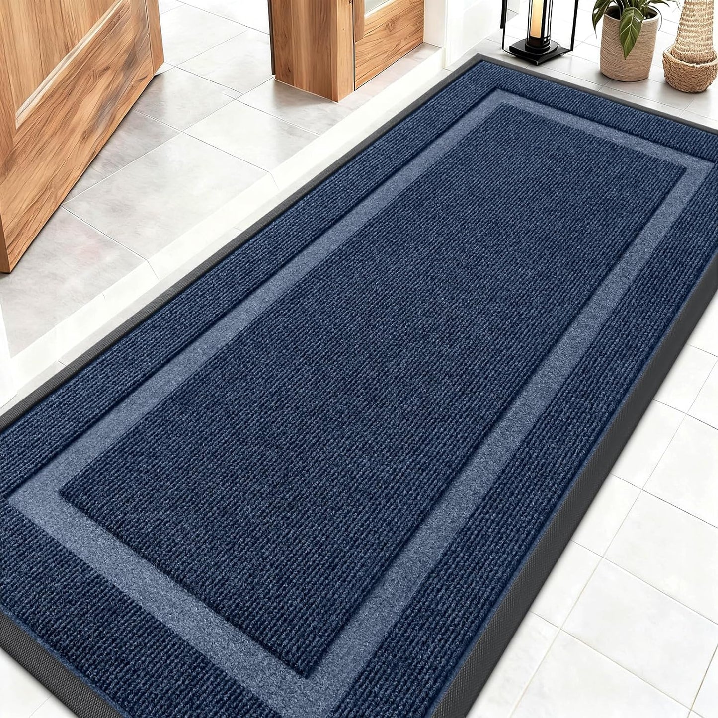 OLANLY Front Door Mat Indoor Outdoor Entrance, Waterproof All-Season, All-Weather Doormat, Sturdy Natural Rubber, Fade Resistant, Low Profile, Easy Clean Patio Porch Entryway Mat, 59x23, Blue