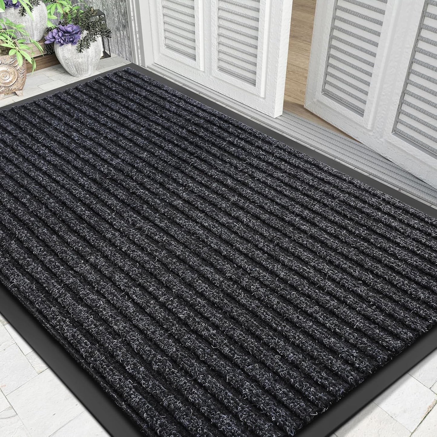 Yimobra Front Door Mat Outdoor Indoor Entrance, 100% Waterproof All-Season All Weather Doormat, Welcome Matt Outside Entry, Non Slip, Low Profile, Heavy Duty Patio Porch Floor Mats,47 x 32,Black Grey