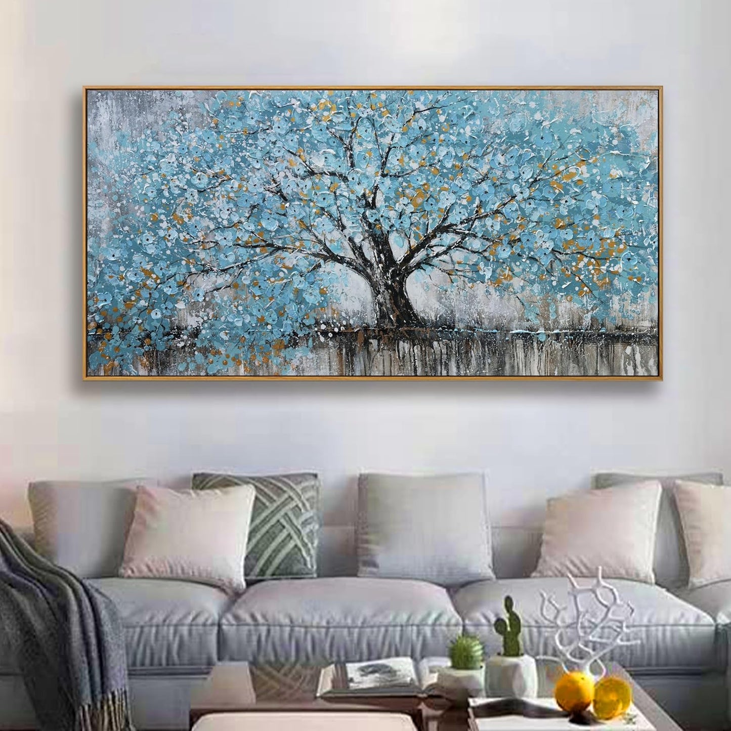 Wall Art Teal Blue Nature Tree Of Life Abstract Canvas Painting Textured Picture Modern Wall Art Landscape Artwork Framed For Living Room Bedroom Bathroom Office Home Decor 20"X40"Painting