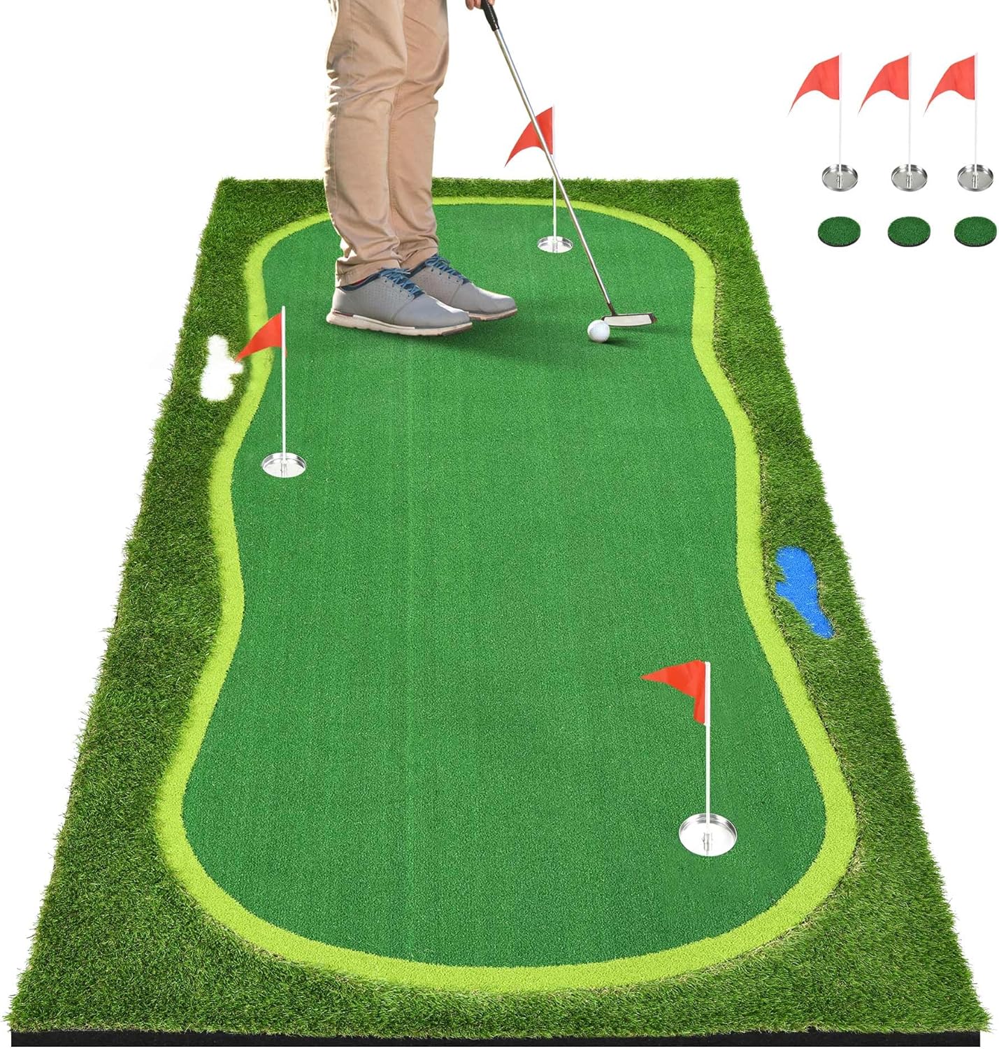 Golf Putting Green, Professional Grade Large Golfing Putting Mats with Sand Pit and Water Hazard for Indoor Outdoor