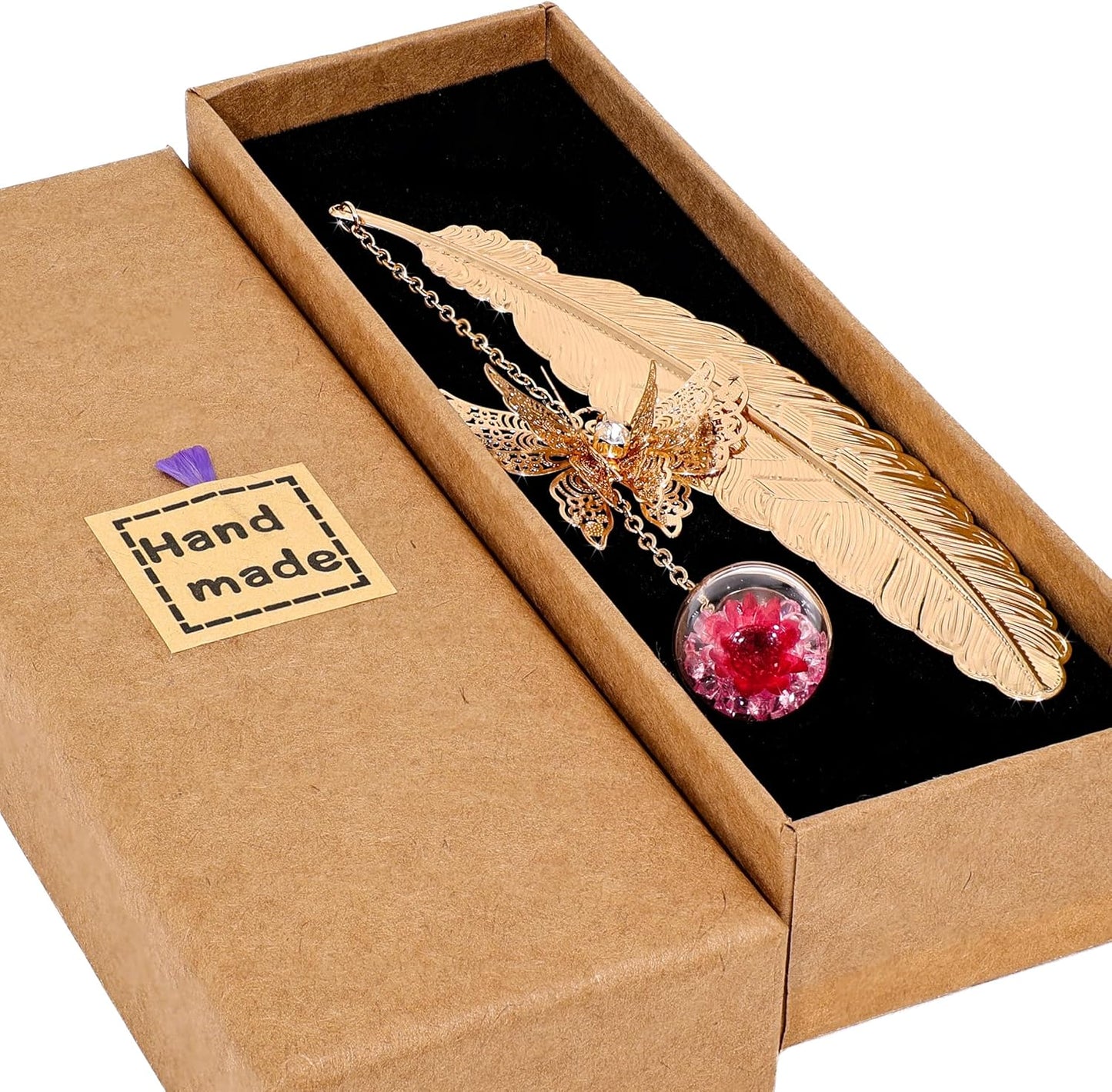 Metal Feather Bookmark with Butterfly Charm – Christmas Gifts for Women, Teachers & Book Lovers – Stocking Stuffers, Secret Santa, Birthday & Holiday Gift Box