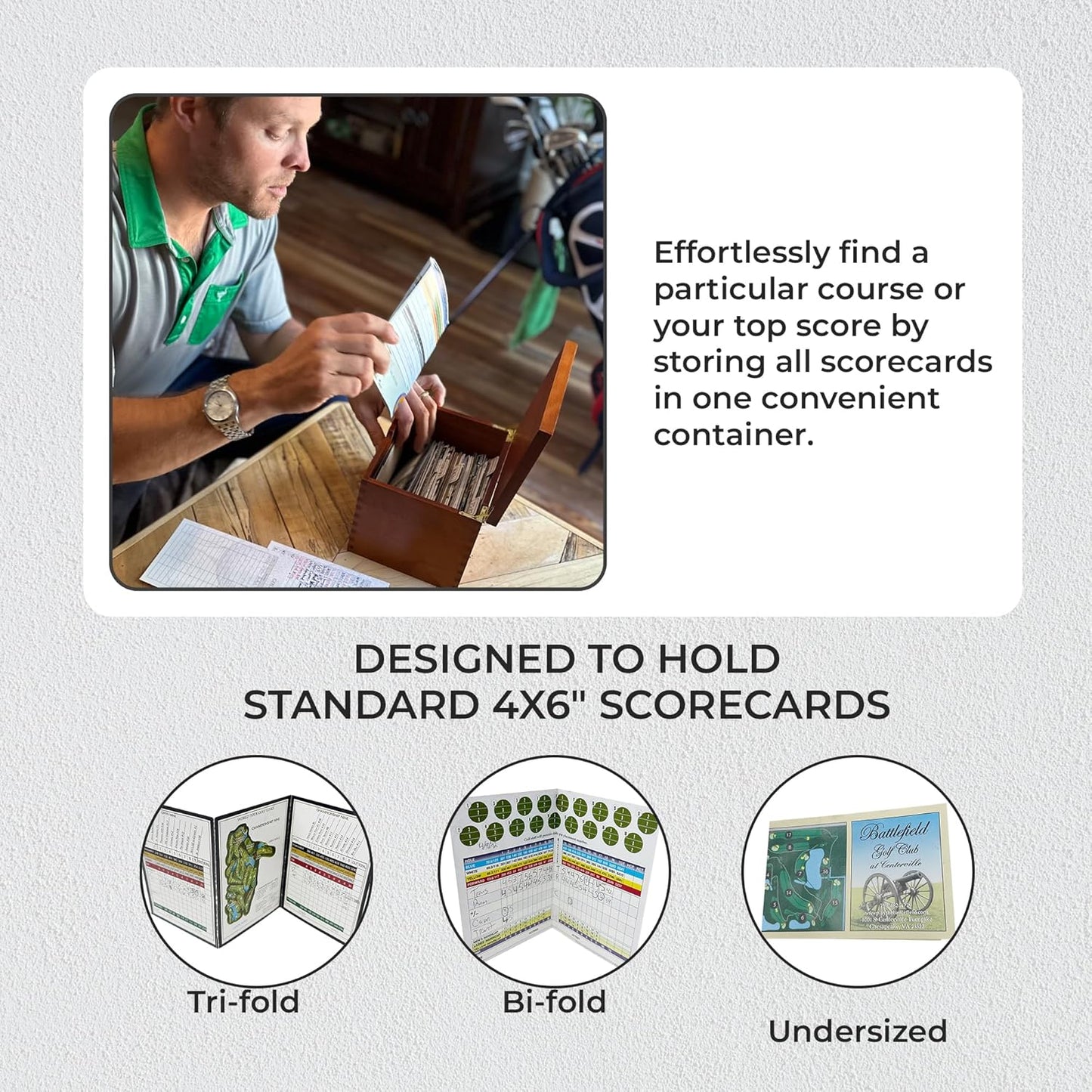 Golf Scorecard Keeper - Storage Box Organizer for Scorecards Photos and Accessories | Comes with 10 Dividers and 2 Score Logs - Display Golf Score Card Collection Neatly - Great Gift for Golfers