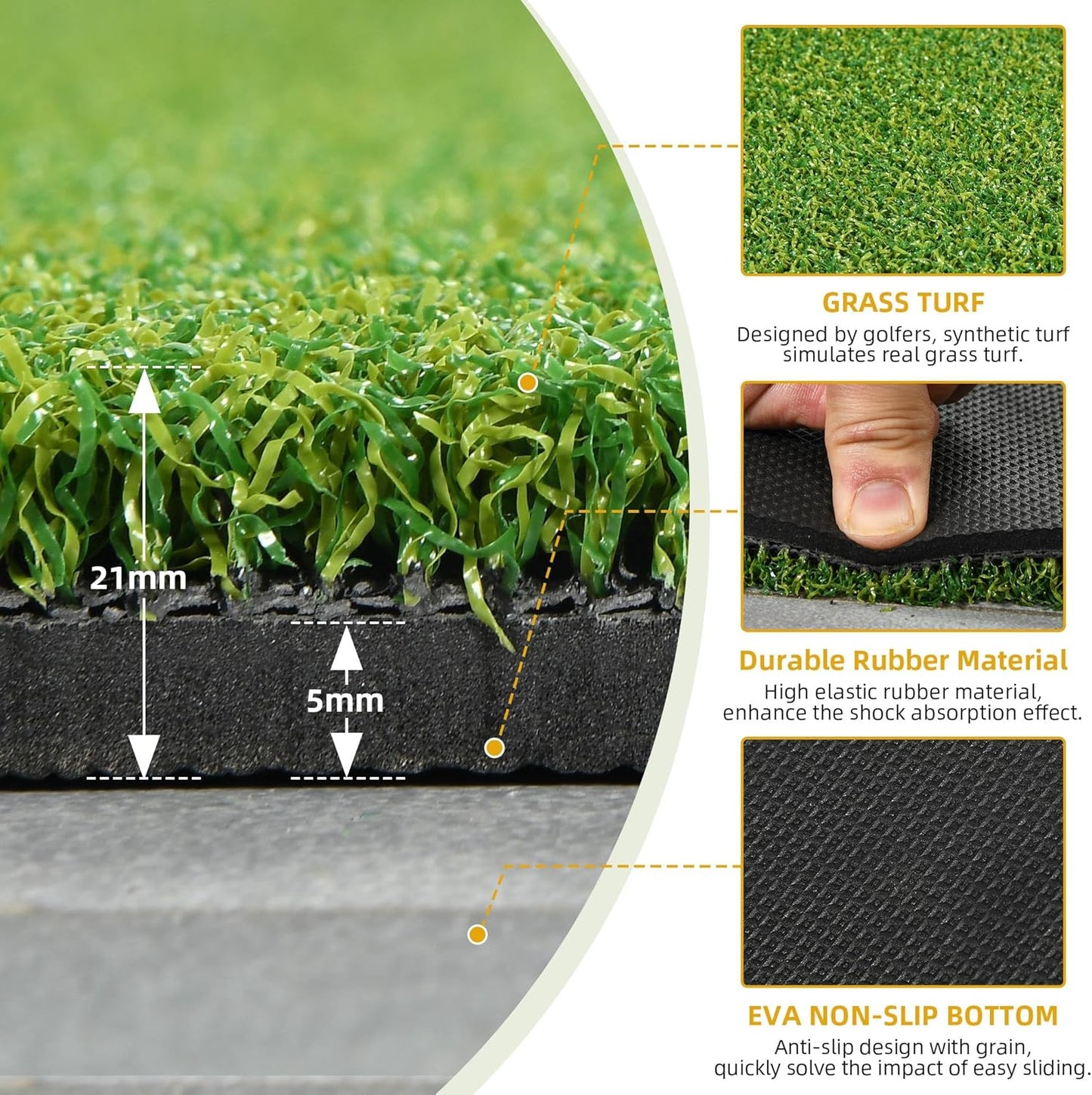 5x4ft Golf Hitting Mat, Thickened 21mm/31mm/36mm Artificial Turf Golf Practice Mats for Indoor Outdoor Backyard Driving Swing Training with 9 PU Balls, 3 Rubber Tees, 7 Tees