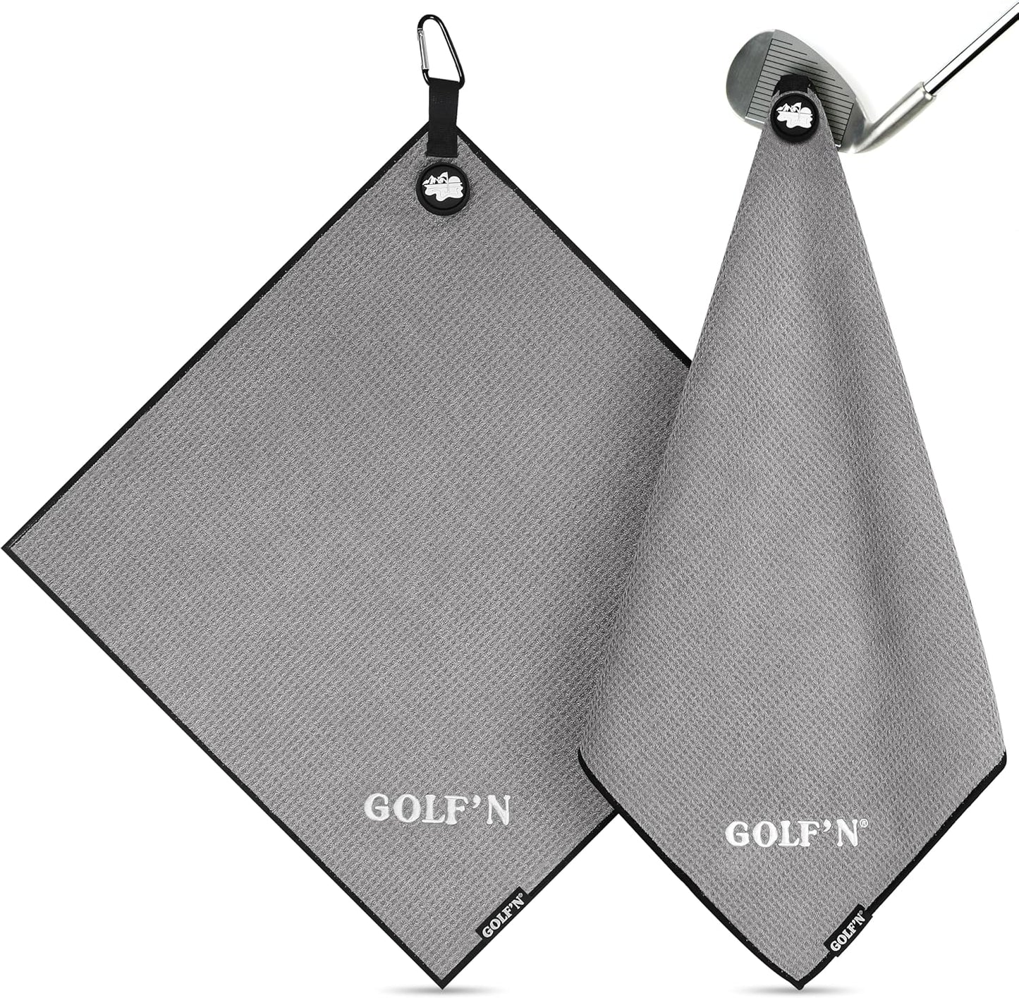 Golf'N Microfiber Towel - Magnetic Golf Towel Dark Gray 18" x 18" Golf Towels for Golf Bags with N52 Heavy Duty Magnets, Carabiner Clip & Cross Stitched Reinforced Loop, Premium Golf Accessories