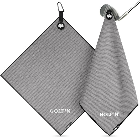 Golf'N Microfiber Towel - Magnetic Golf Towel Dark Gray 18" x 18" Golf Towels for Golf Bags with N52 Heavy Duty Magnets, Carabiner Clip & Cross Stitched Reinforced Loop, Premium Golf Accessories