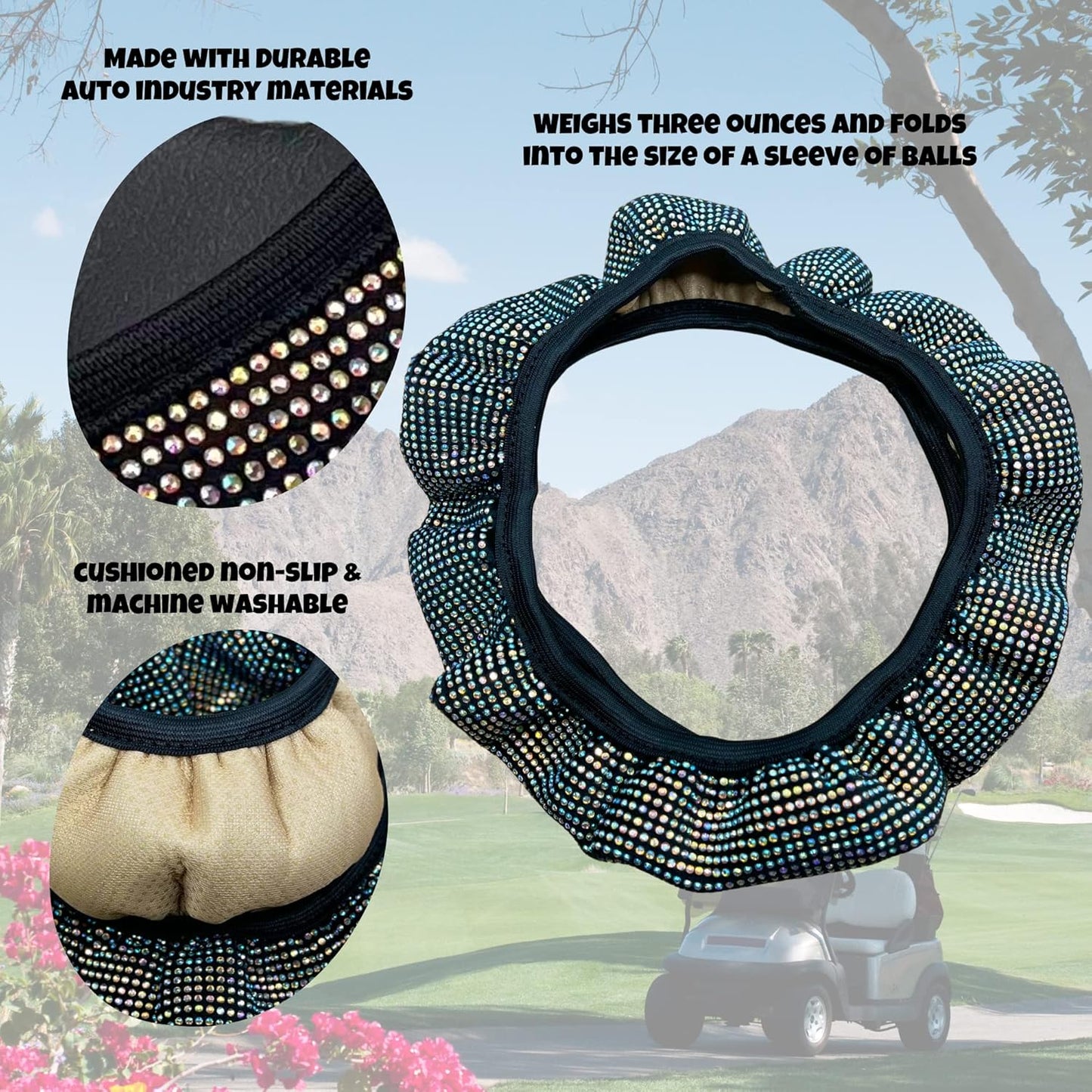 Universal Colorful Bling Crystal Diamond Rhinestones Golf Cart Steering Wheel Cover fits Club Car, Yahama, EZGO, Anti Slip Cover Easy to Install, Great Gifts for Golfer Women Womens (Colored Diamond)