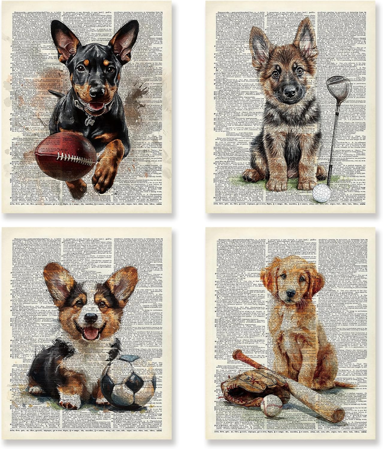 KSDUT Vintage Dog Sports Wall Decor Art Set of 4 - Retro Puppy Artwork Poster Prints Boys Room Wall Decor Kids Gifts Wall Art for Nursery Sports Room Dorm Decorations - 8"x10" Unframed