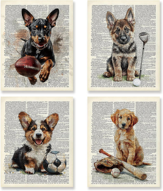 KSDUT Vintage Dog Sports Wall Decor Art Set of 4 - Retro Puppy Artwork Poster Prints Boys Room Wall Decor Kids Gifts Wall Art for Nursery Sports Room Dorm Decorations - 8"x10" Unframed